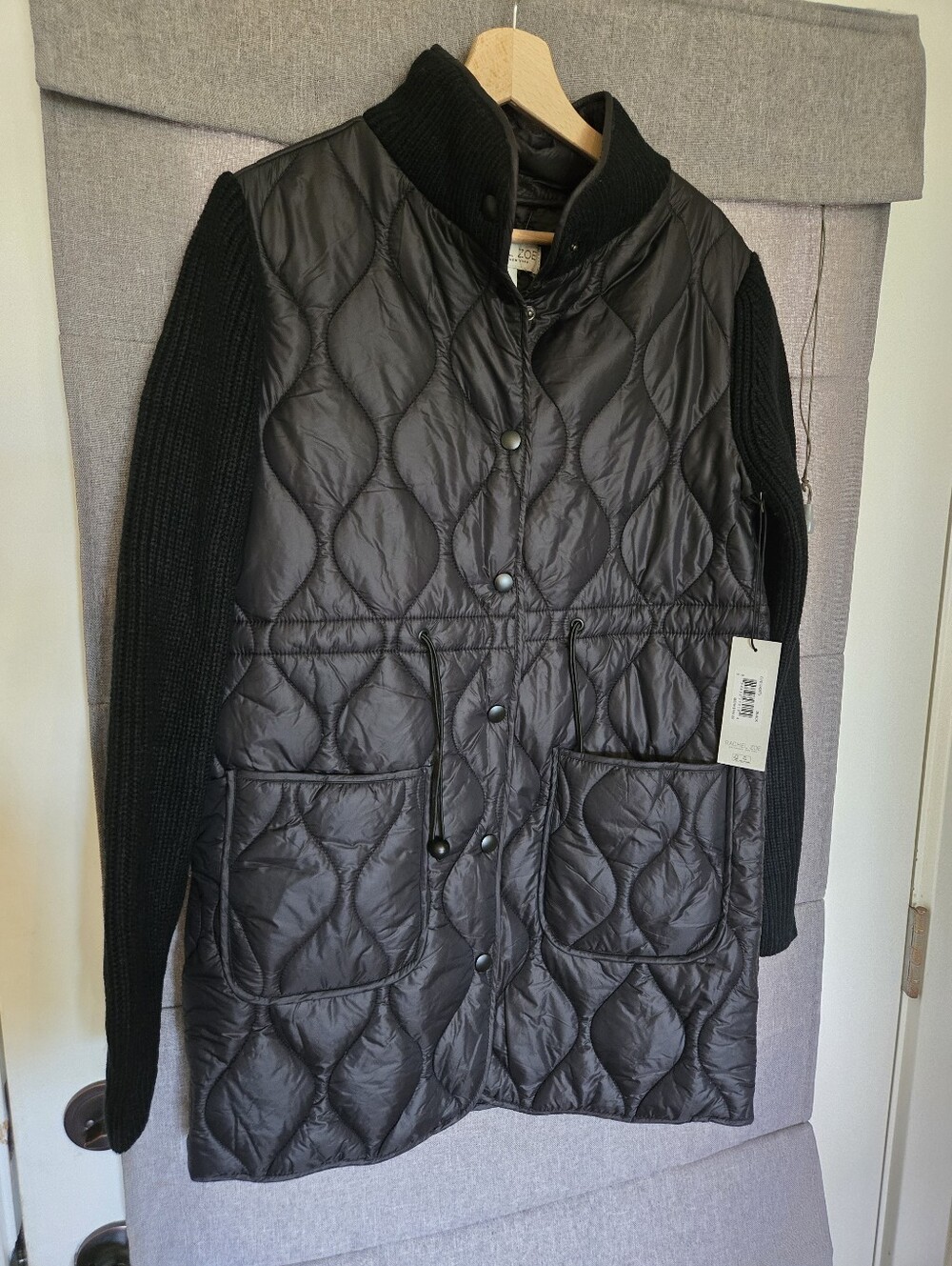 Rachel Zoe Black Quilted Jacket Cable Knit Sleeve Coat Mixed Material Small